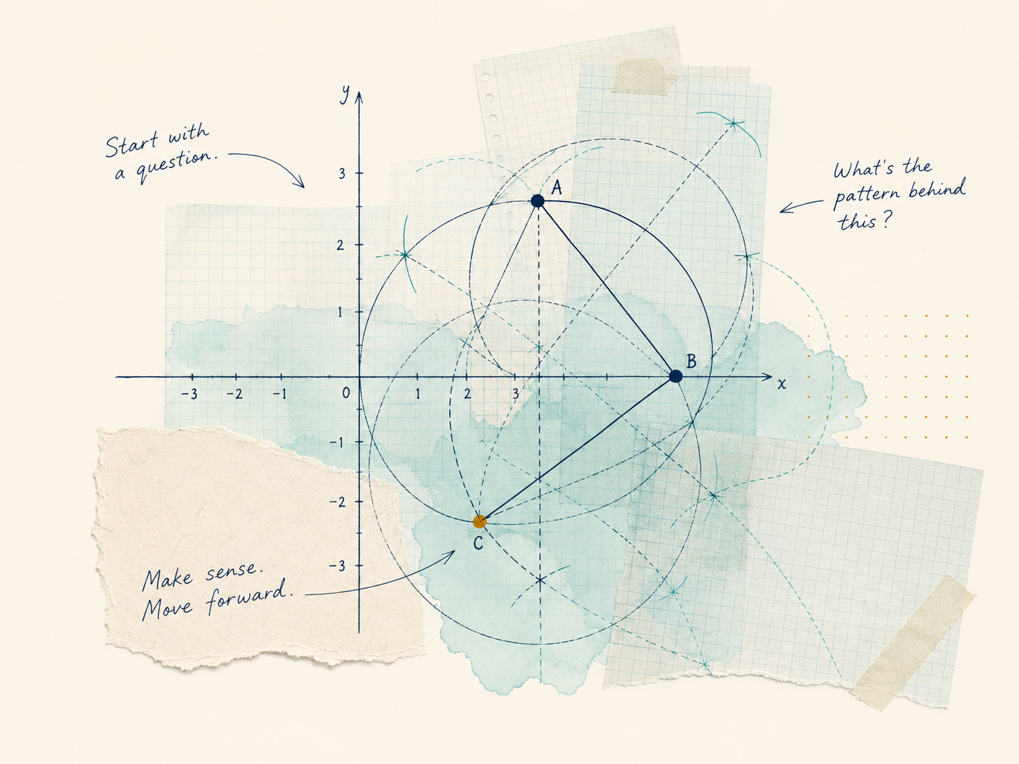 A layered Maths investigation drawing with graph paper, axes, circles, plotted points and handwritten questions